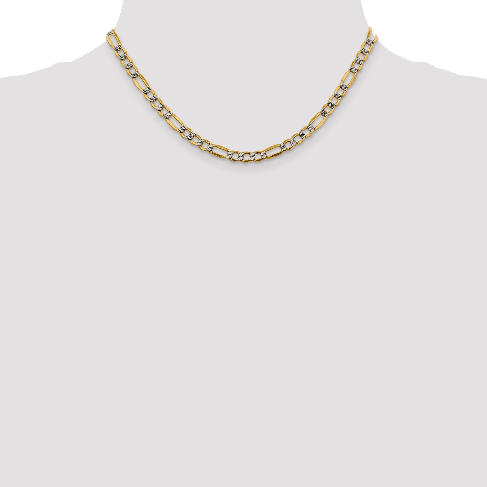 14K Yellow & Rhodium 16 Inch 5.25mm Semi-Solid With Pav Figaro Lobster Clasp Chain Necklace