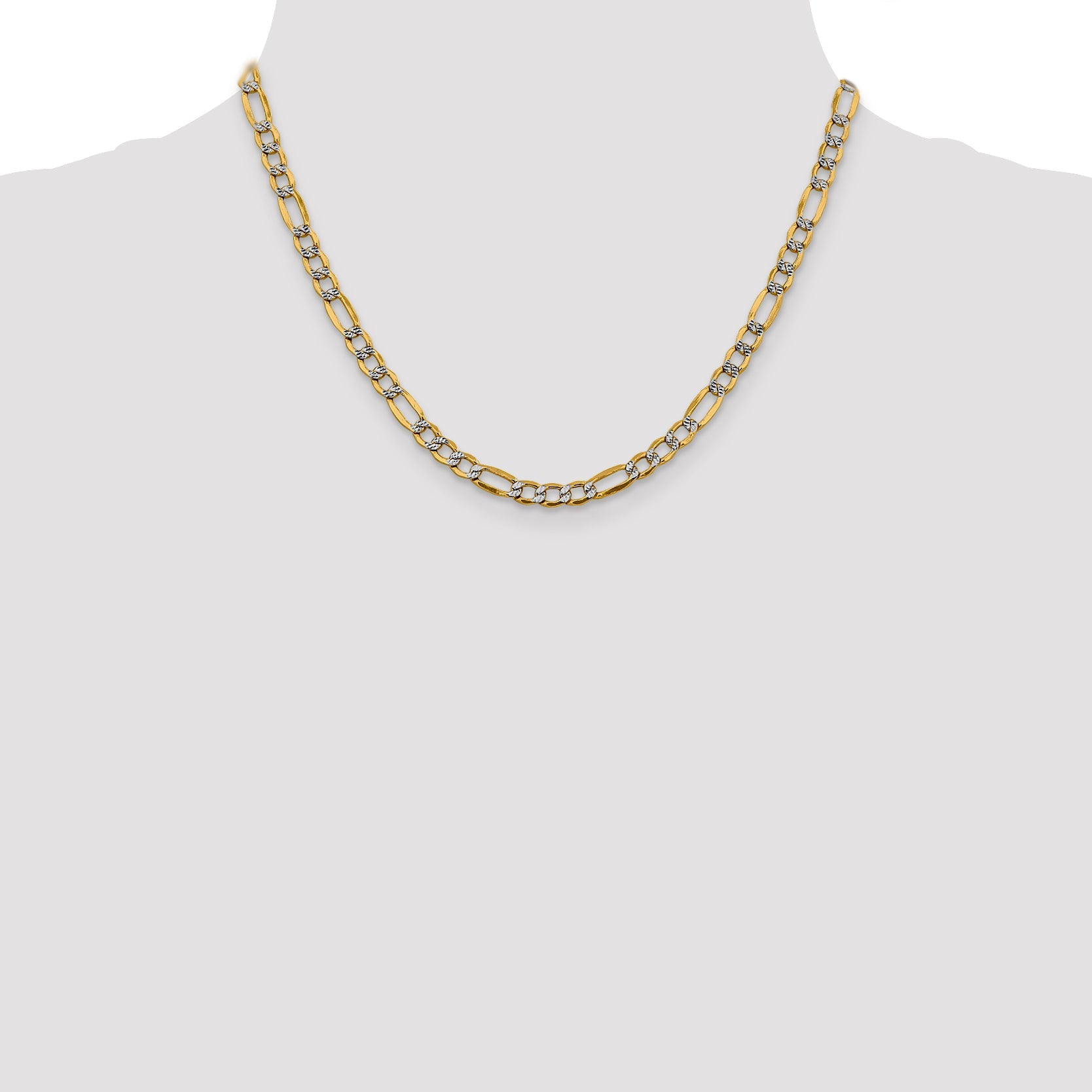 14K Yellow & Rhodium 18 Inch 5.25mm Semi-Solid With Pav Figaro Lobster Clasp Chain Necklace