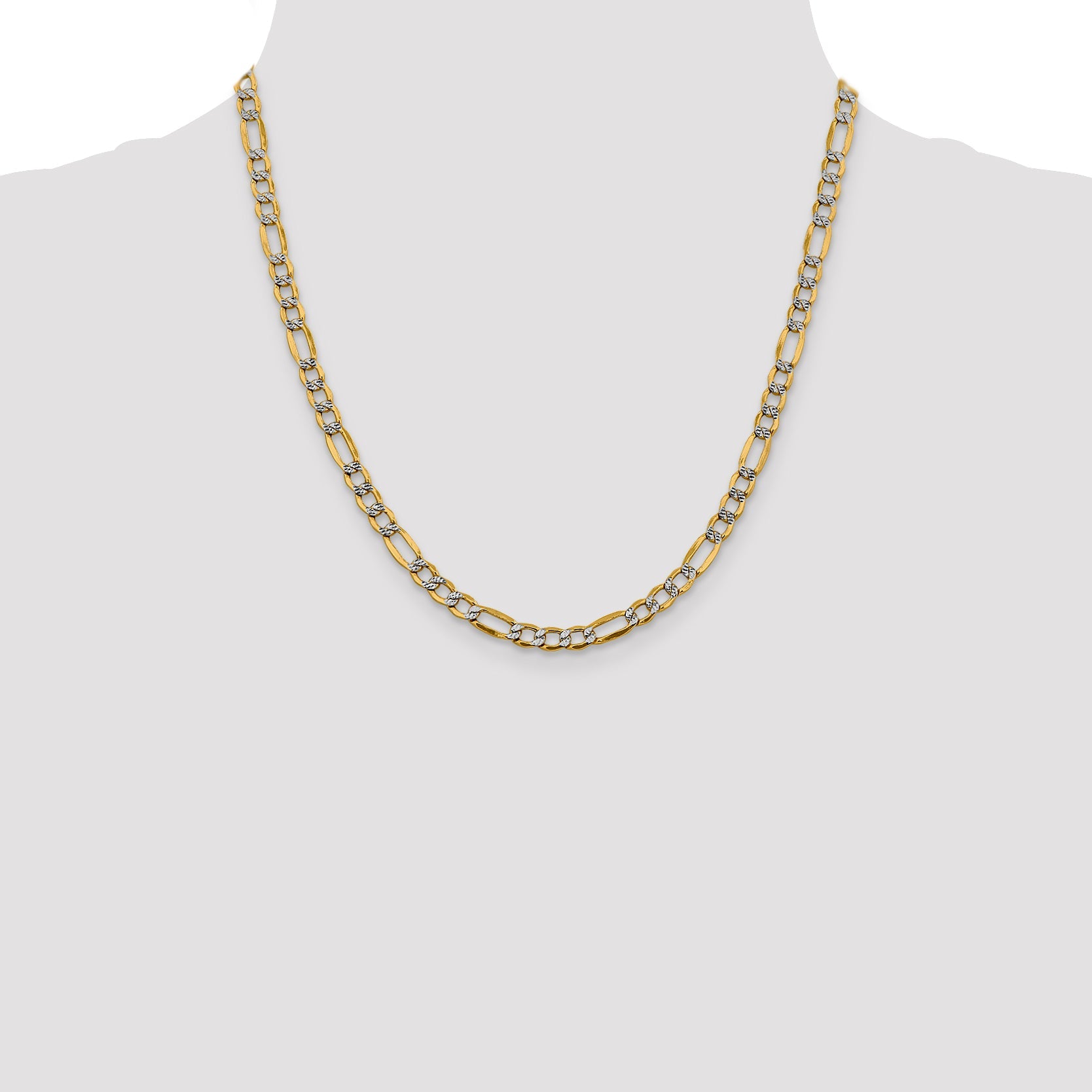 14K Yellow & Rhodium 20 Inch 5.25mm Semi-Solid With Pav Figaro Lobster Clasp Chain Necklace