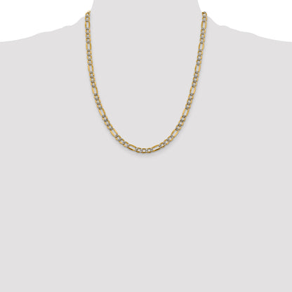 14K Yellow & Rhodium 22 Inch 5.25mm Semi-Solid With Pav Figaro Lobster Clasp Chain Necklace