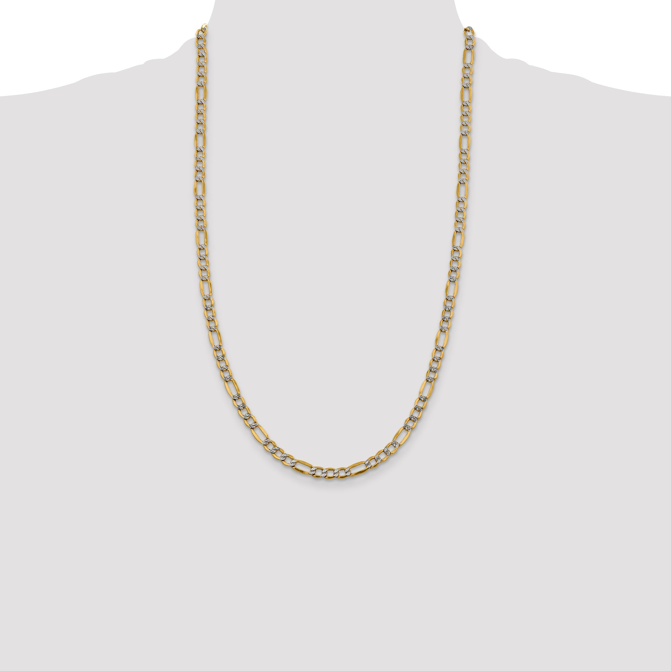 14K Yellow & Rhodium 26 Inch 5.25mm Semi-Solid With Pav Figaro Lobster Clasp Chain Necklace
