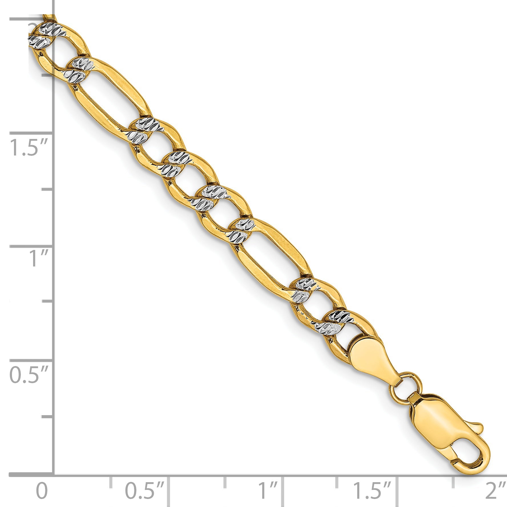 14K Yellow & Rhodium 8 Inch 5.25mm Semi-Solid With Pav Figaro Lobster Clasp Bracelet