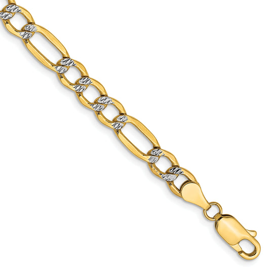 14K Yellow & Rhodium 7 Inch 5.25mm Semi-Solid With Pav Figaro Lobster Clasp Bracelet