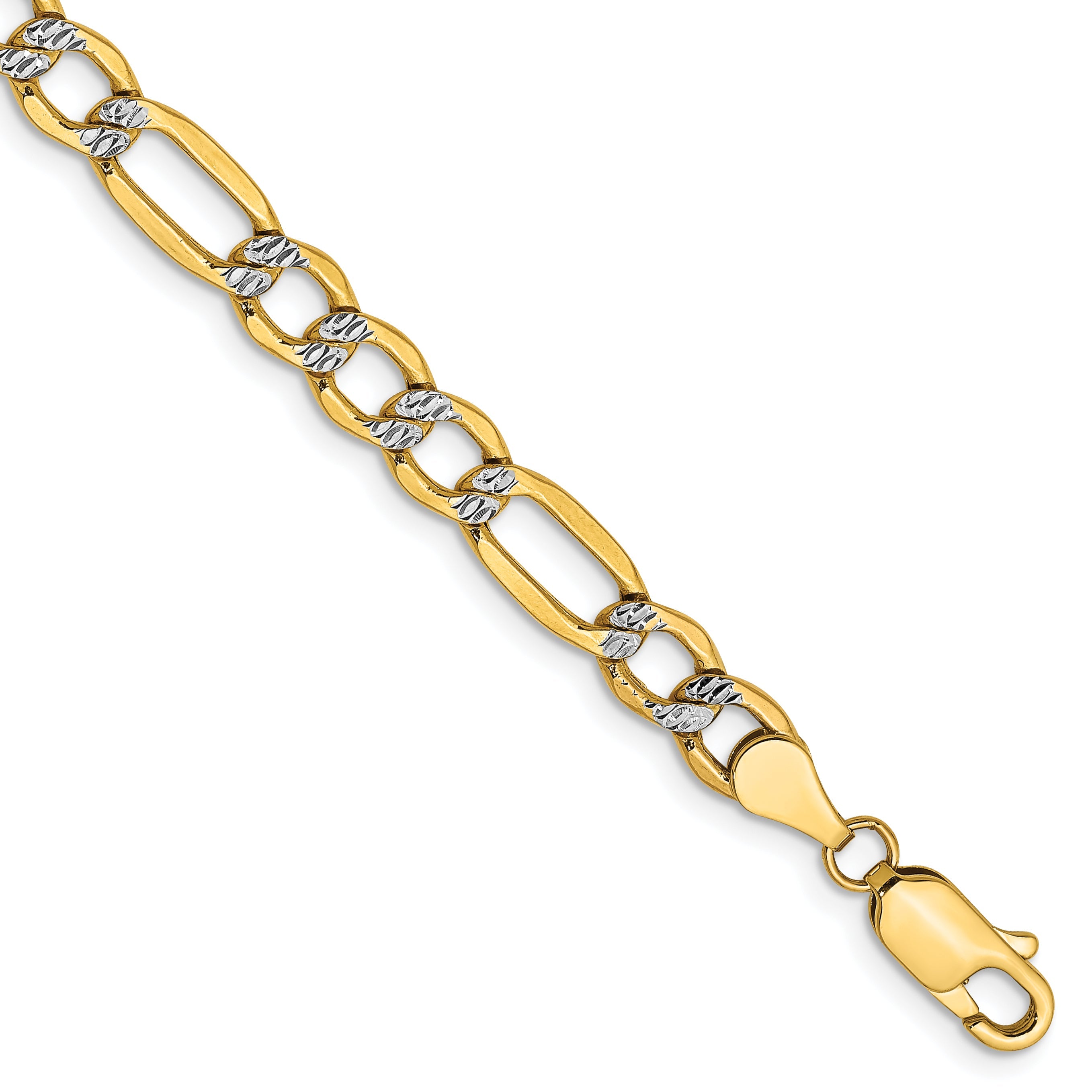 14K Yellow & Rhodium 9 Inch 5.25mm Semi-Solid With Pav Figaro Lobster Clasp Chain Bracelet