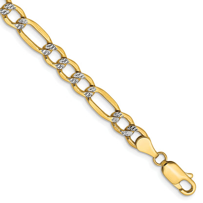 14K Yellow & Rhodium 8 Inch 5.25mm Semi-Solid With Pav Figaro Lobster Clasp Bracelet
