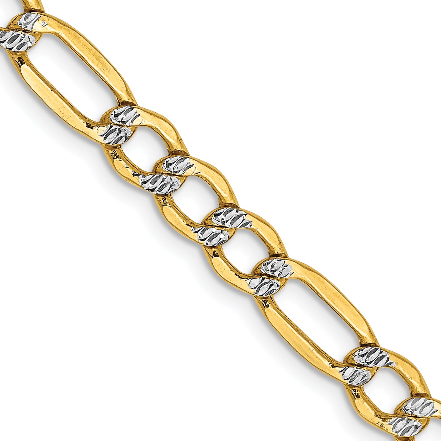 14K Yellow & Rhodium 26 Inch 5.25mm Semi-Solid With Pav Figaro Lobster Clasp Chain Necklace
