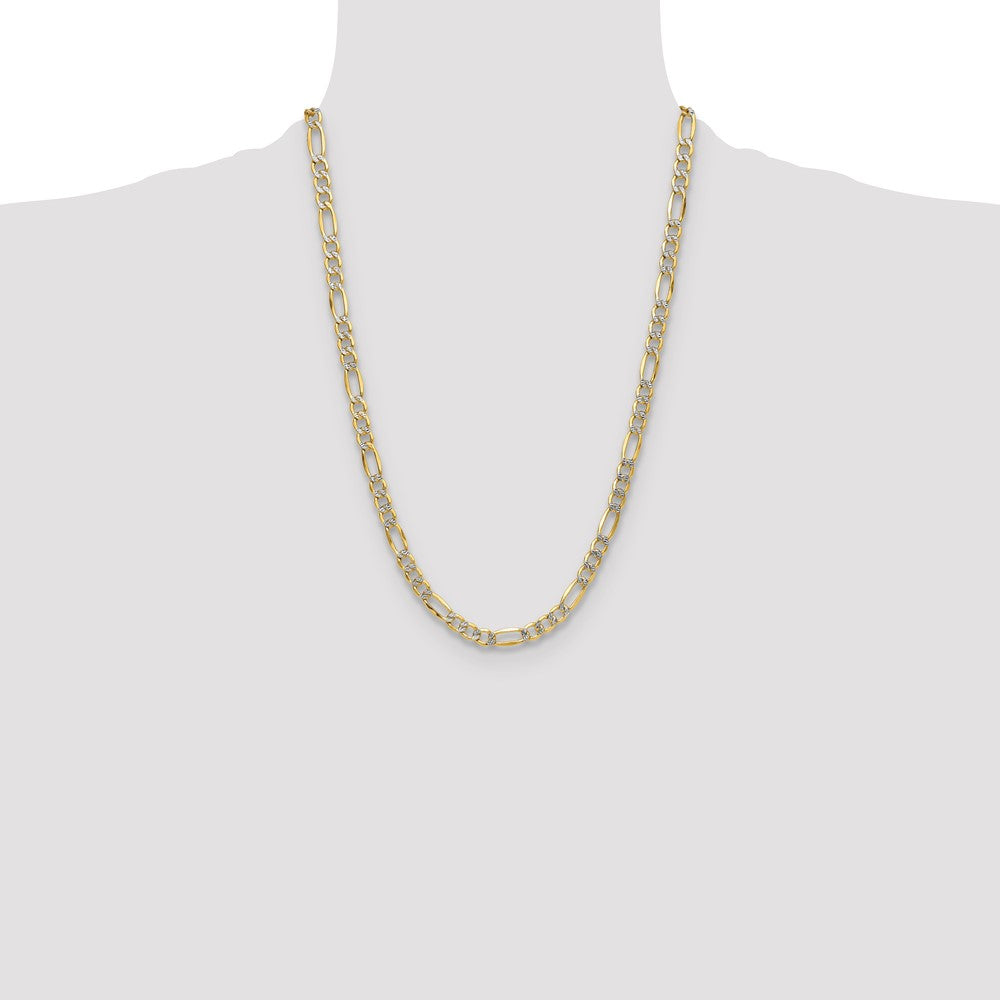 24 Inch 14K Yellow & Rhodium 6.5mm Semi-Solid With Pav Figaro Chain Necklace