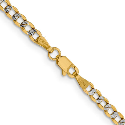 14K Yellow & Rhodium 20 Inch 3.4mm Semi-Solid With Pav Curb Lobster Clasp Chain Necklace