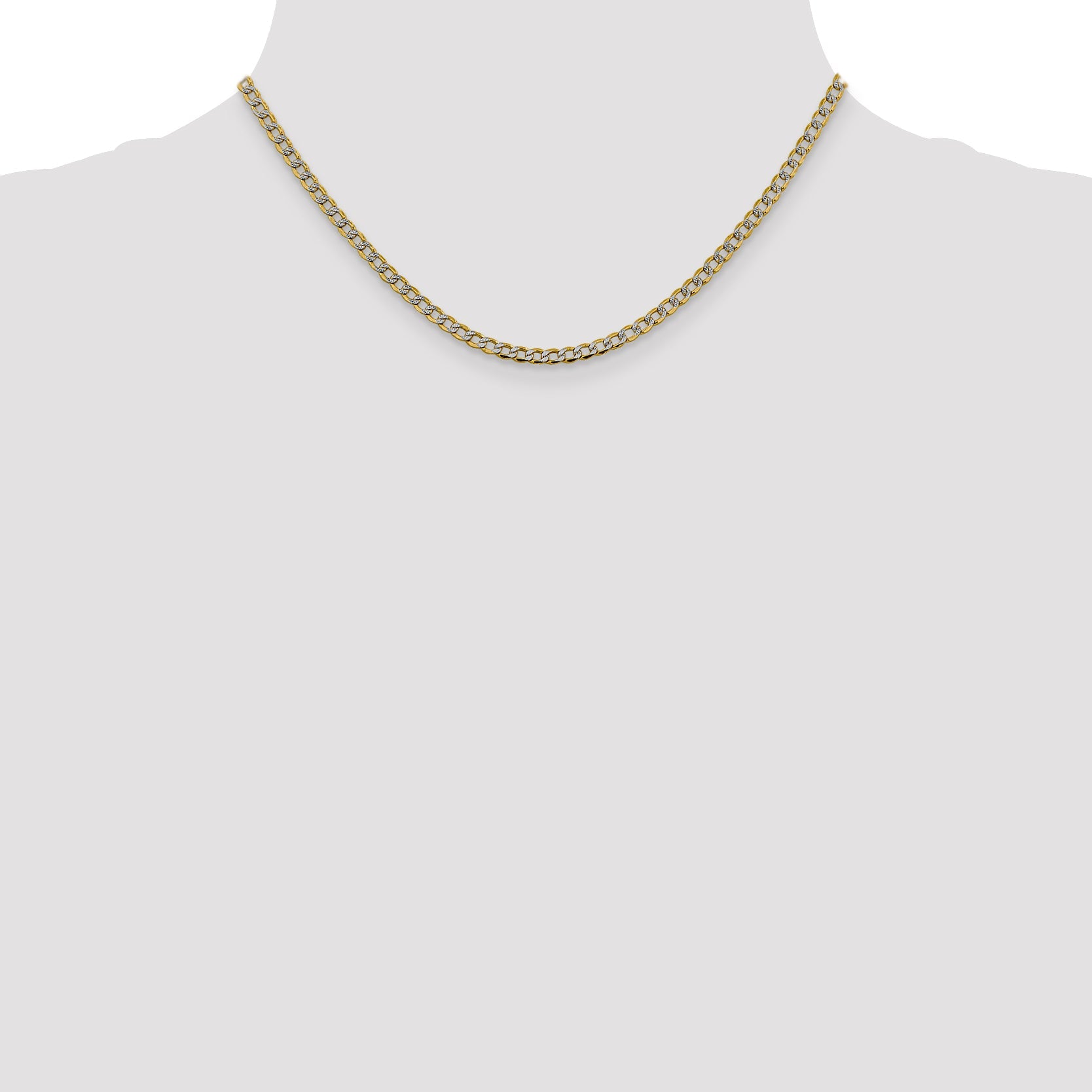 14K Yellow & Rhodium 16 Inch 3.4mm Semi-Solid With Pav Curb Lobster Clasp Chain Necklace