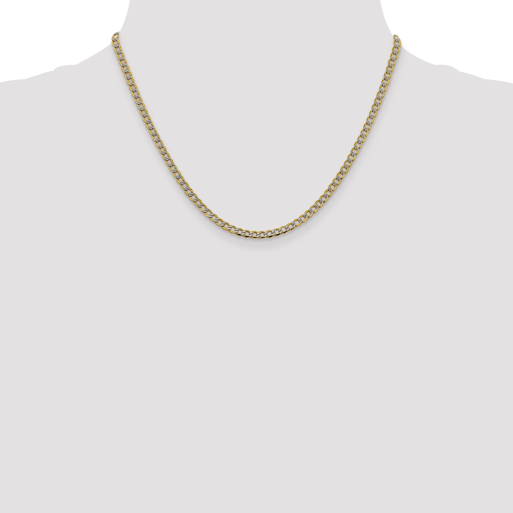 14K Yellow & Rhodium 18 Inch 3.4mm Semi-Solid With Pav Curb Lobster Clasp Chain Necklace