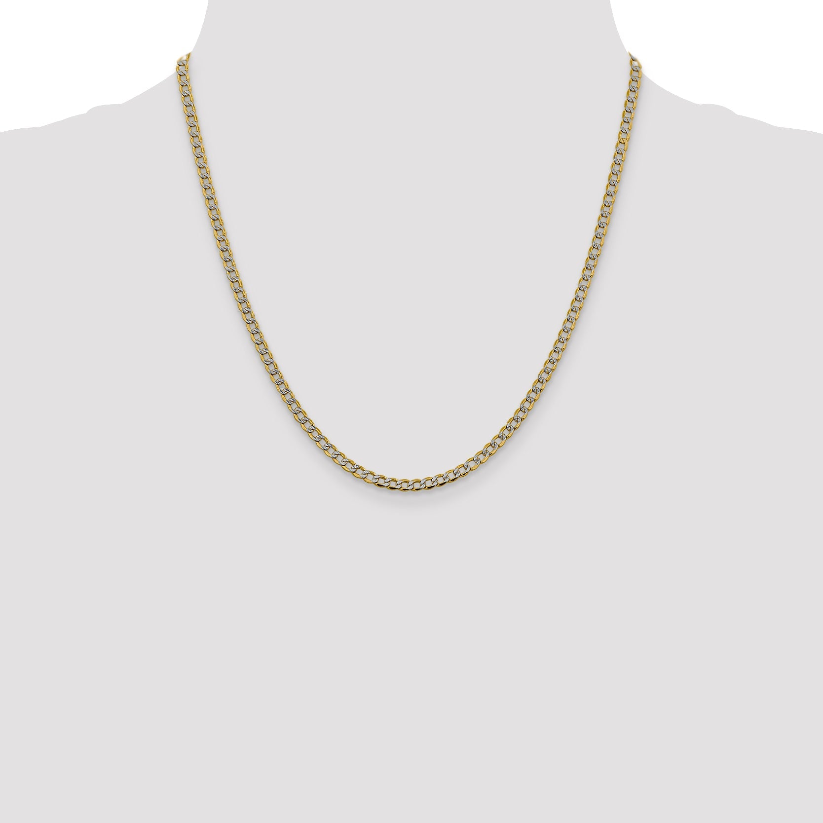 14K Yellow & Rhodium 20 Inch 3.4mm Semi-Solid With Pav Curb Lobster Clasp Chain Necklace
