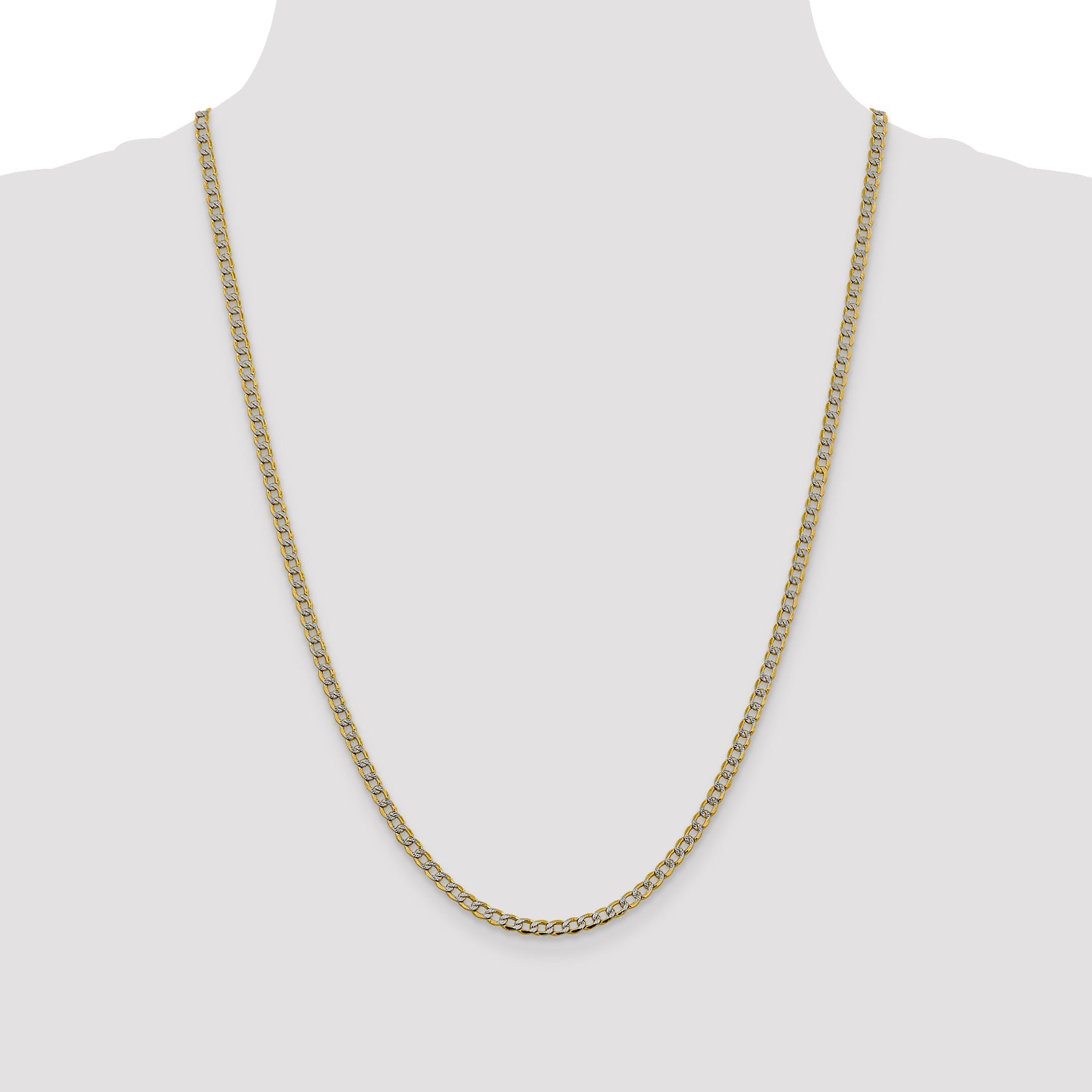 14K Yellow & Rhodium 24 Inch 3.4mm Semi-Solid With Pav Curb Lobster Clasp Chain Necklace