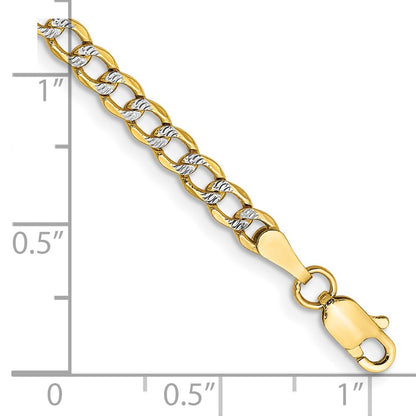 14K Yellow & Rhodium 8 Inch 3.4mm Semi-Solid With Pav Curb Lobster Clasp Bracelet