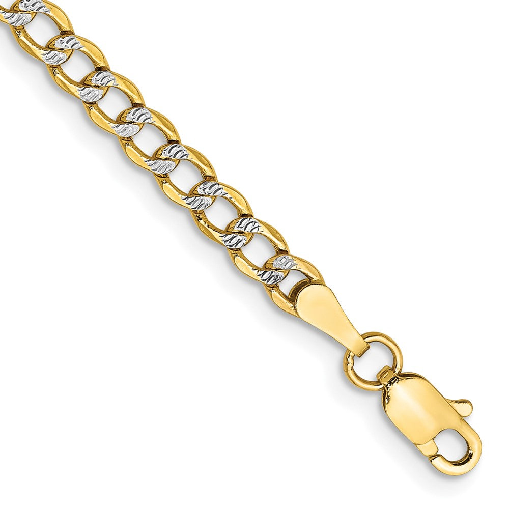 14K Yellow & Rhodium 7 Inch 3.4mm Semi-Solid With Pav Curb Lobster Clasp Bracelet