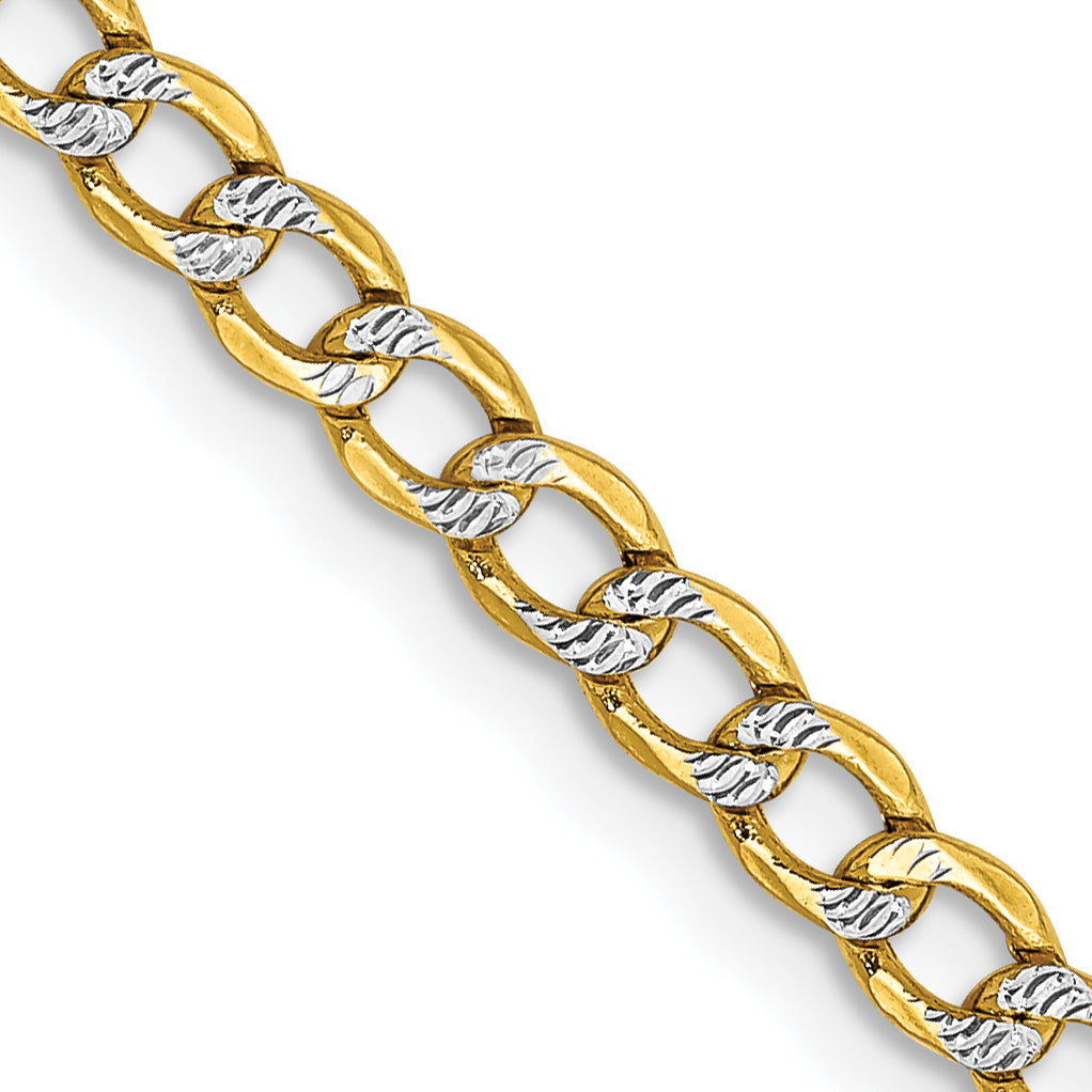 14K Yellow & Rhodium 20 Inch 3.4mm Semi-Solid With Pav Curb Lobster Clasp Chain Necklace