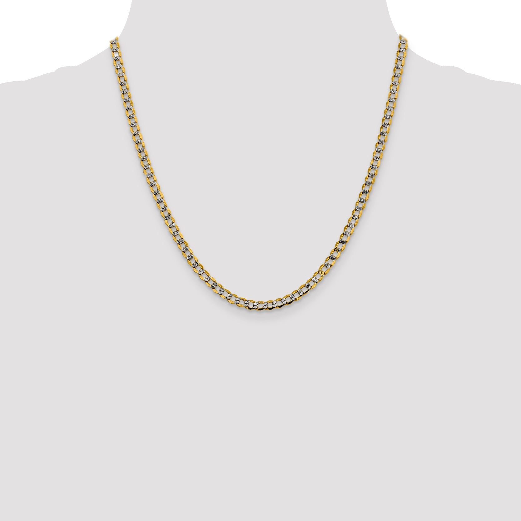 14K Yellow & Rhodium 20 Inch 4.3mm Semi-Solid With Pav Curb Lobster Clasp Chain Necklace