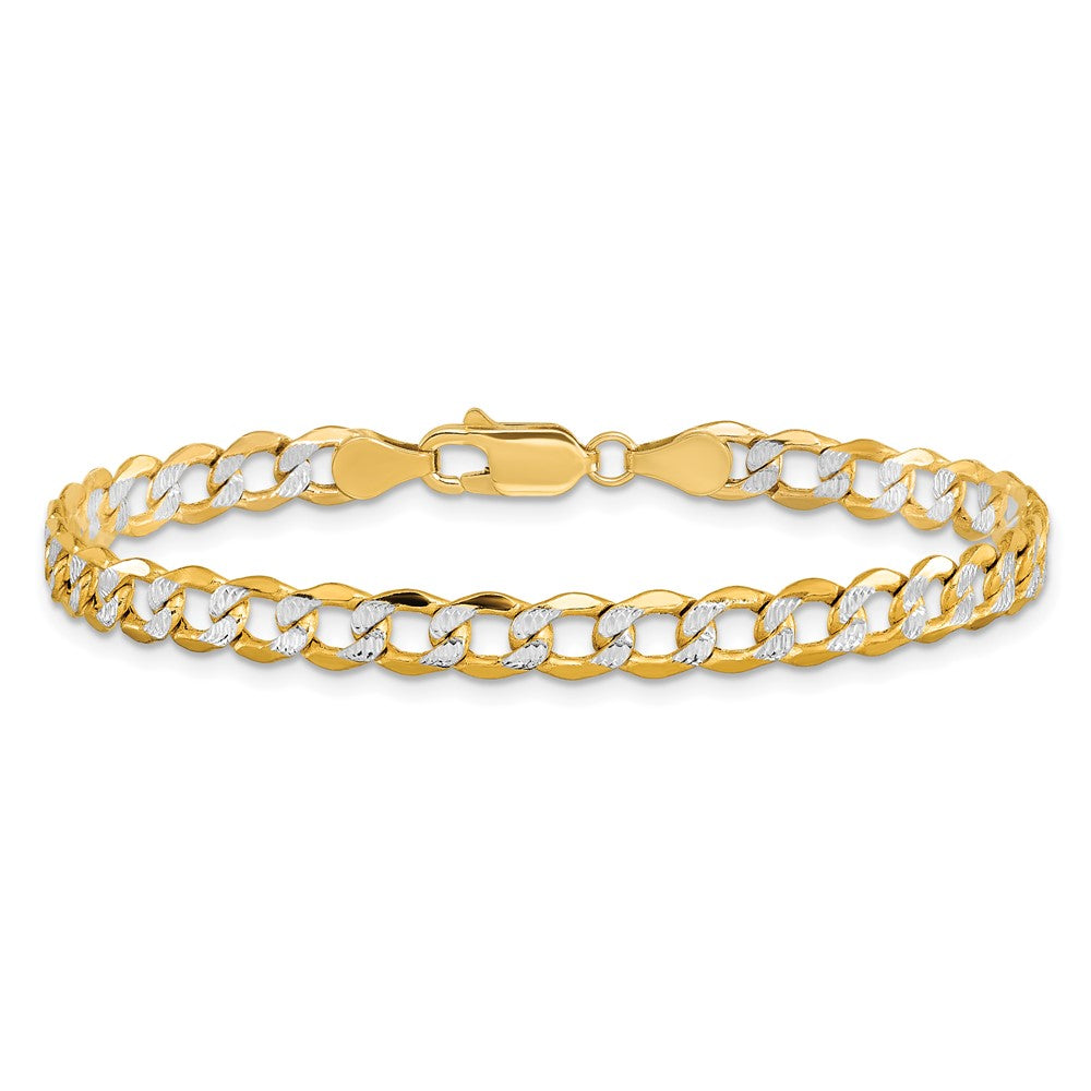 14K Yellow & Rhodium 8 Inch 5.2mm Semi-Solid With Pav Curb Lobster Clasp Bracelet