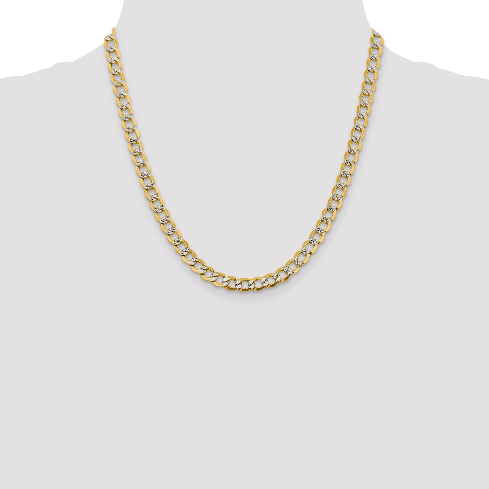 14K Yellow & Rhodium 20 Inch 6.75mm Semi-Solid With Pav Curb Lobster Clasp Chain Necklace