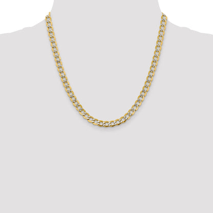 14K Yellow & Rhodium 24 Inch 6.75mm Semi-Solid With Pav Curb Lobster Clasp Chain Necklace