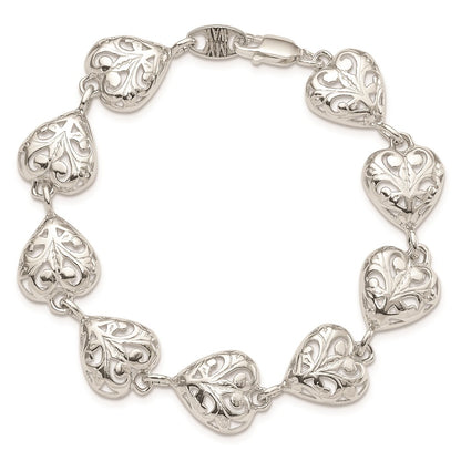 Sterling Silver Fancy Filigree Heart 7 Inch Bracelet