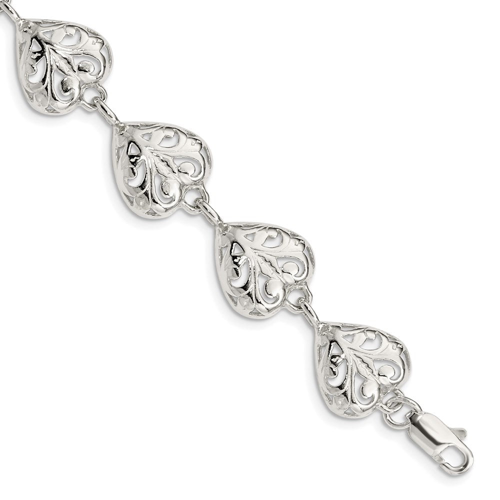 Sterling Silver Fancy Filigree Heart 7 Inch Bracelet