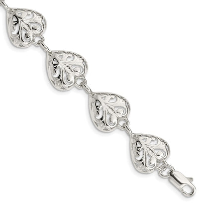 Sterling Silver Fancy Filigree Heart 7 Inch Bracelet