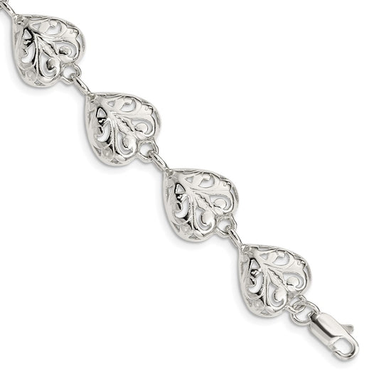 Sterling Silver Fancy Filigree Heart 7 Inch Bracelet