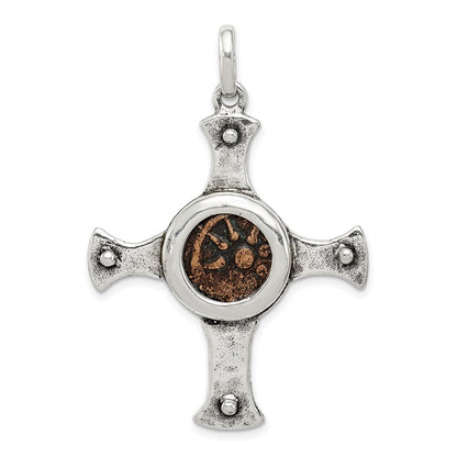 Sterling Silver Ancient Coins And Bronze Antiqued Widow'S Mite Coin Cross Pendant With A Certificate Of Authenticity