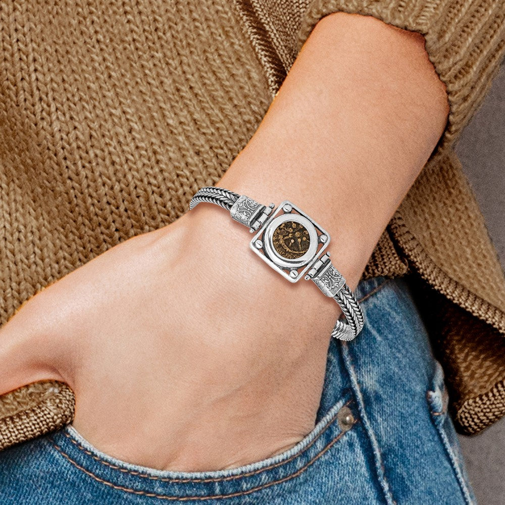 Sterling Silver Ancient Coins And Bronze Antiqued Widow'S Mite Coin 7 Inch Fancy Lobster Clasp Bracelet With A Certificate Of Authenticity