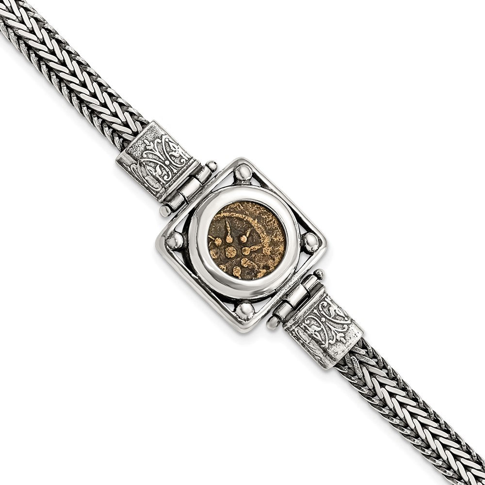 Sterling Silver Ancient Coins And Bronze Antiqued Widow'S Mite Coin 7 Inch Fancy Lobster Clasp Bracelet With A Certificate Of Authenticity