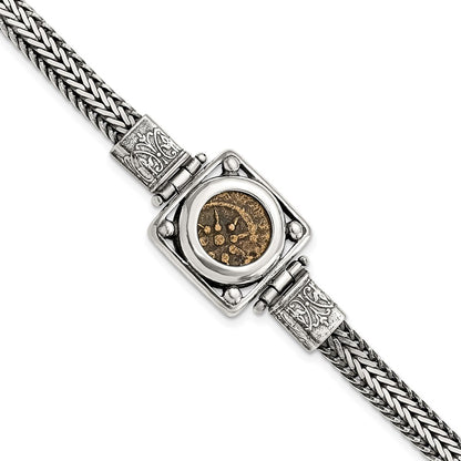 Sterling Silver Ancient Coins And Bronze Antiqued Widow'S Mite Coin 7 Inch Fancy Lobster Clasp Bracelet With A Certificate Of Authenticity