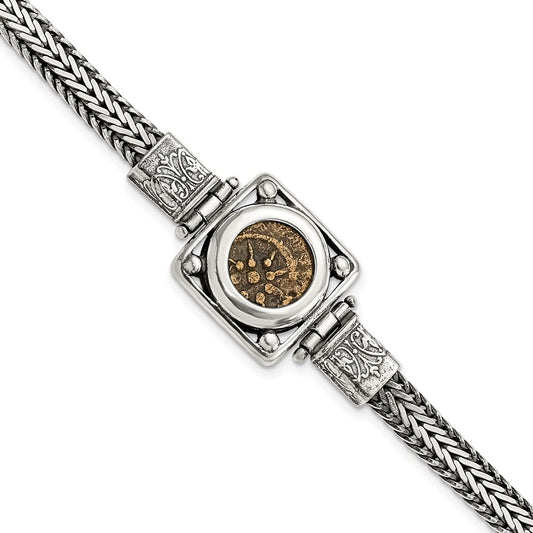 Sterling Silver Ancient Coins And Bronze Antiqued Widow'S Mite Coin 7 Inch Fancy Lobster Clasp Bracelet With A Certificate Of Authenticity