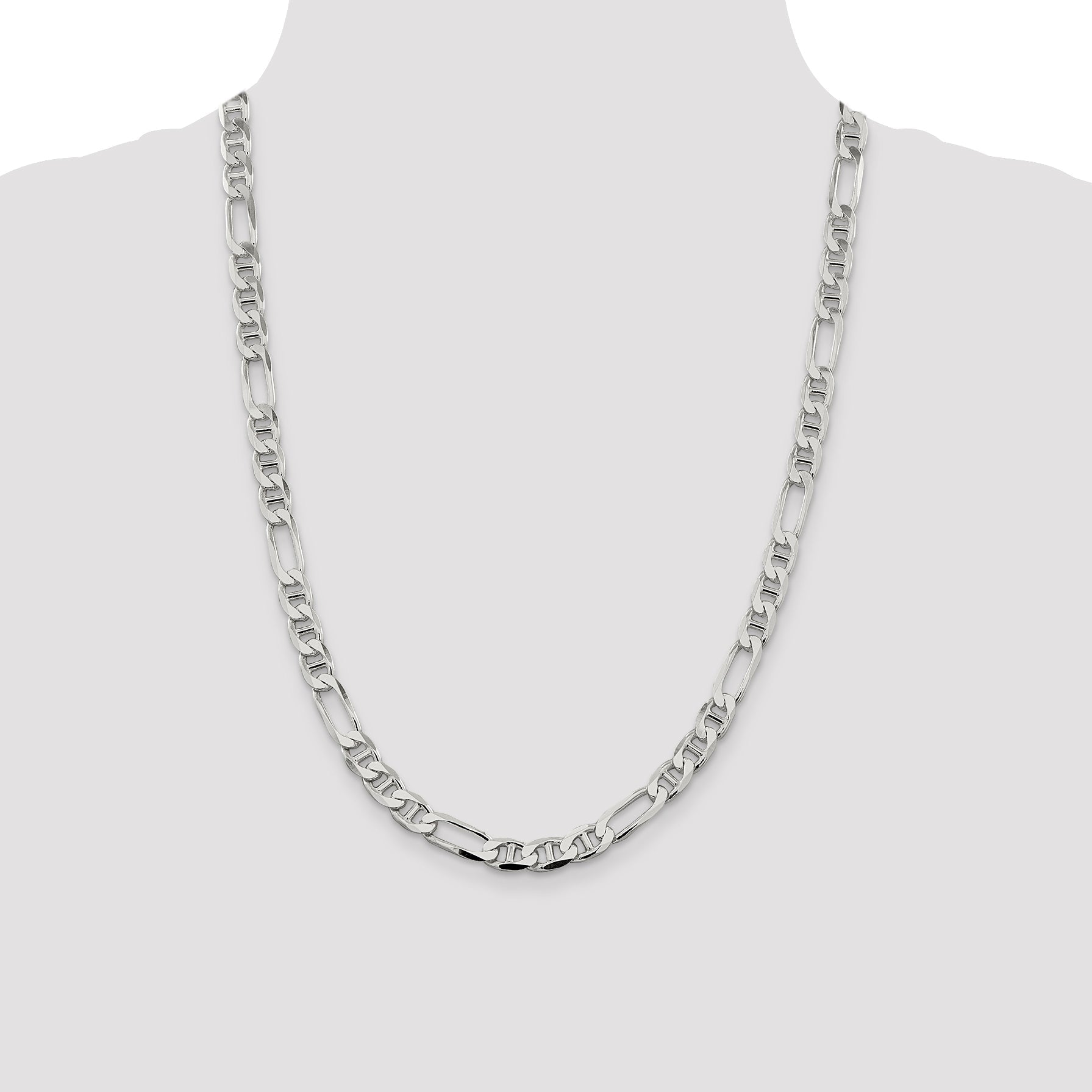 24 Inch Sterling Silver 7.5mm Figaro Anchor Chain Necklace