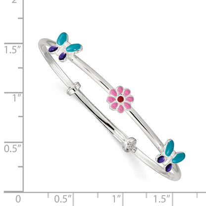 Sterling Silver Enameled Flower & Butterfly Adjustable Children'S Bangle