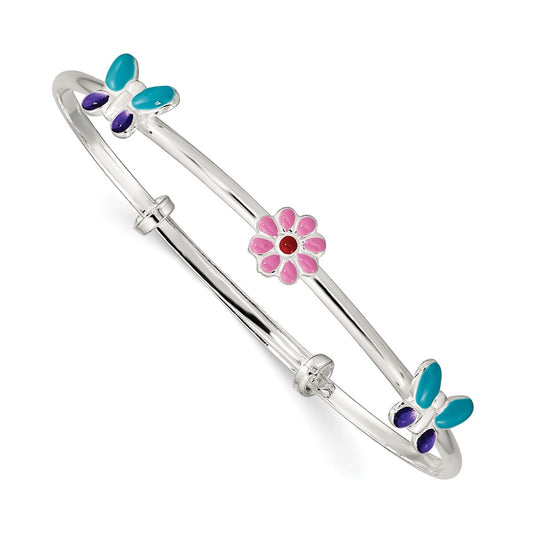 Sterling Silver Enameled Flower & Butterfly Adjustable Children'S Bangle