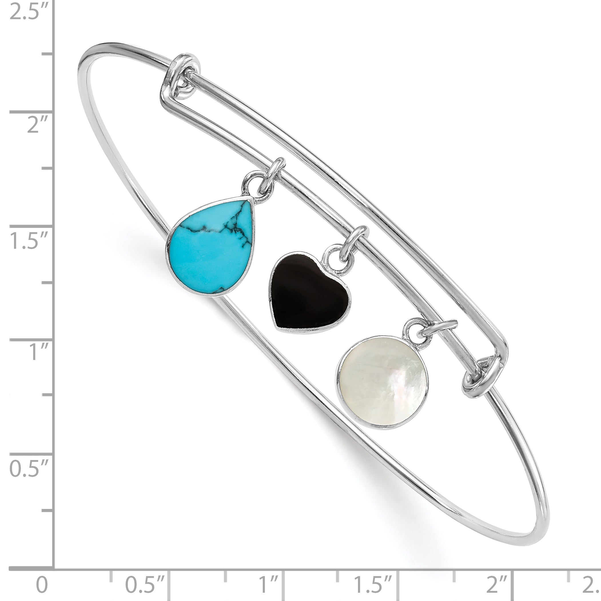 Sterling Silver Rhod-Plate Onyx Syn. Turq. Mop Expandable Bangle