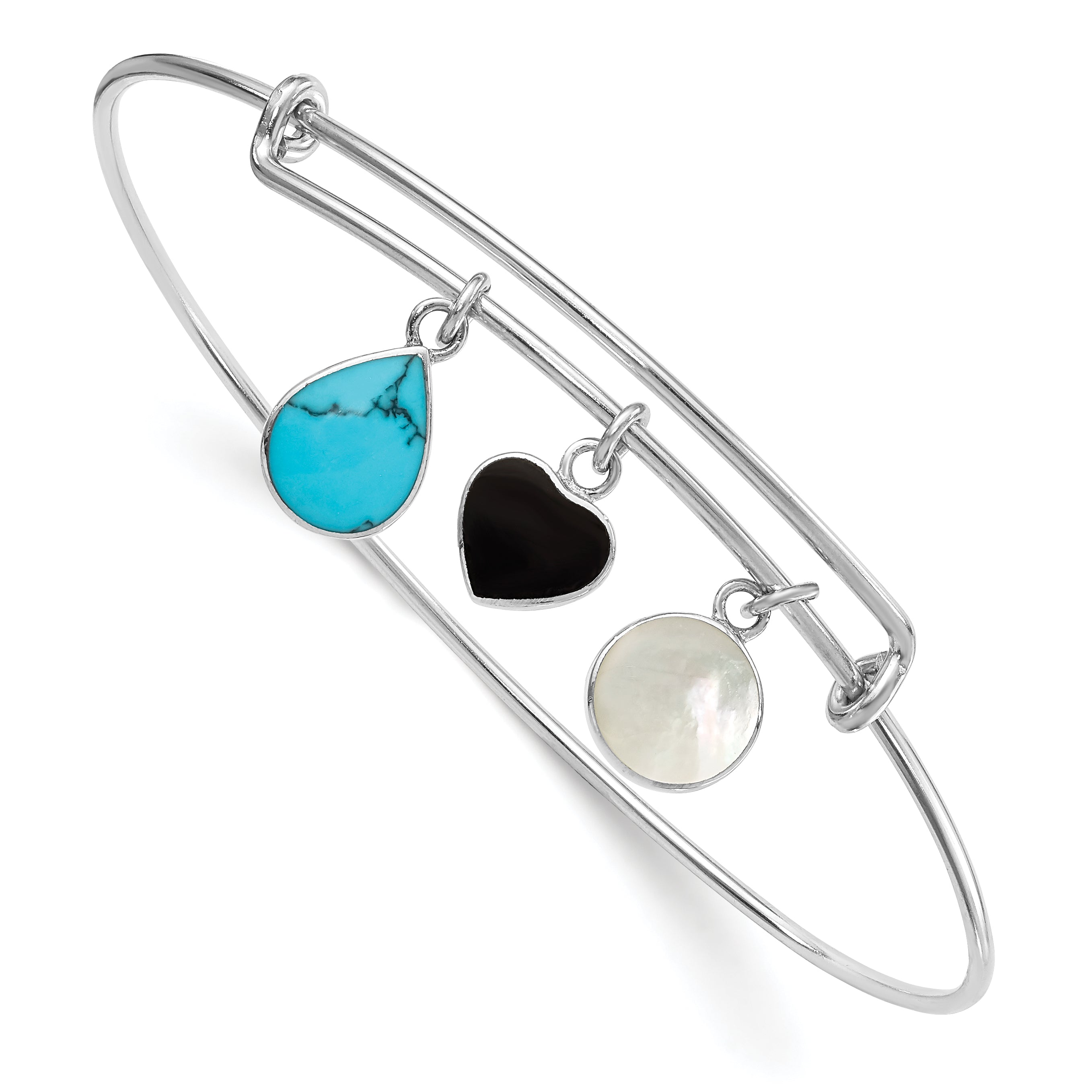 Sterling Silver Rhod-Plate Onyx Syn. Turq. Mop Expandable Bangle
