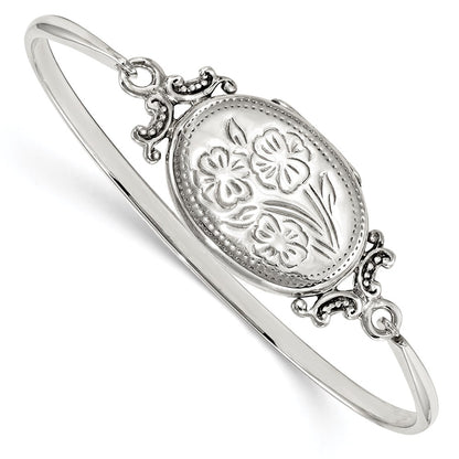 Sterling Silver Floral 26mm Oval Locket Bangle Bracelet
