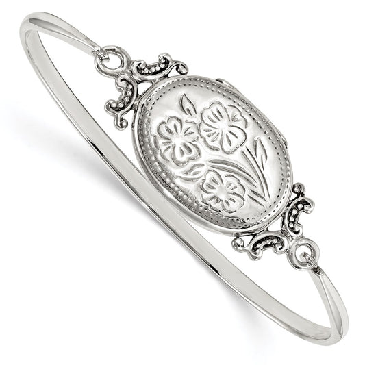 Sterling Silver Floral 26mm Oval Locket Bangle Bracelet