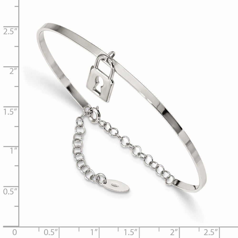 Sterling Silver Rhod-Plated Lock Charm Up To 8.5In. W/Chain Bangle