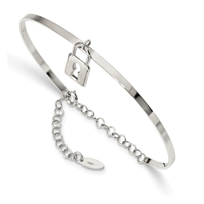 Sterling Silver Rhod-Plated Lock Charm Up To 8.5In. W/Chain Bangle