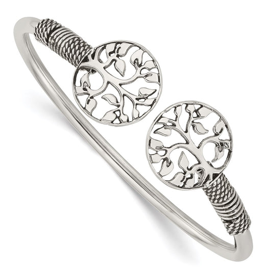 Sterling Silver Polished Tree Antiqued Flexible Bangle