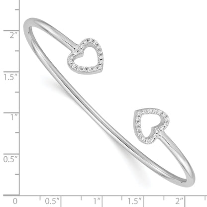 Sterling Silver Rhodium-Plated Cz Heart Cuff Bangle