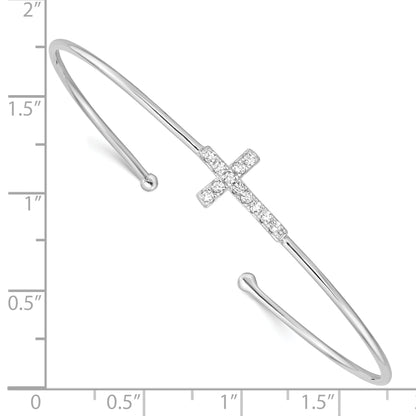 Sterling Silver Rhodium-Plated Cz Cross Cuff Bangle