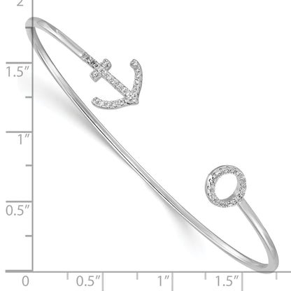 Sterling Silver Rhodium-Plated Cz Anchor Cuff Bangle