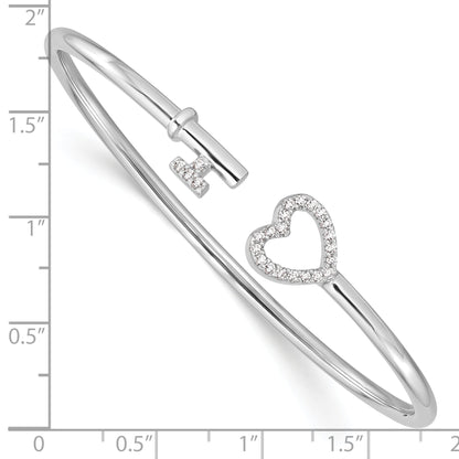 Sterling Silver Rhodium-Plated Cz Heart And Key Flexible Bangle