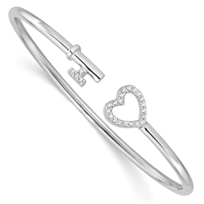 Sterling Silver Rhodium-Plated Cz Heart And Key Flexible Bangle