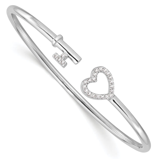 Sterling Silver Rhodium-Plated Cz Heart And Key Flexible Bangle