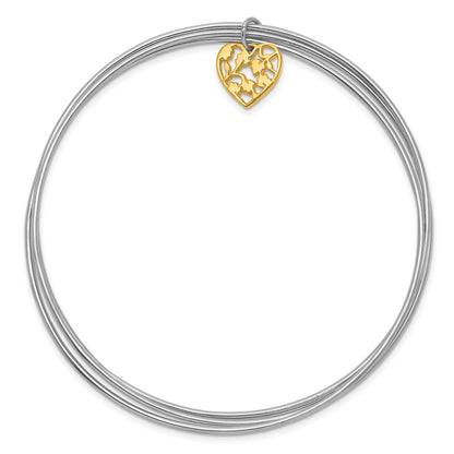 Sterling Silver Rhodium-Plated Polished Gold Tone Heart Bangle