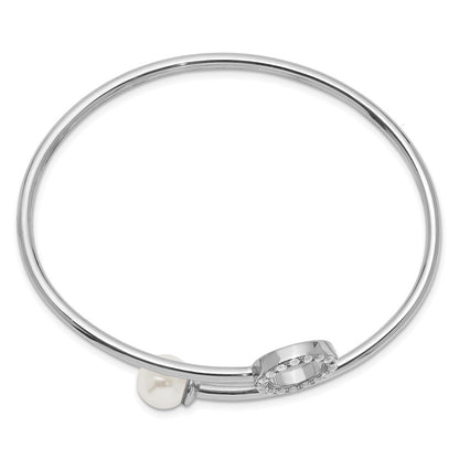 Sterling Silver Rh-Pl Imitation Shell Pearl And Cz Flexible Bangle